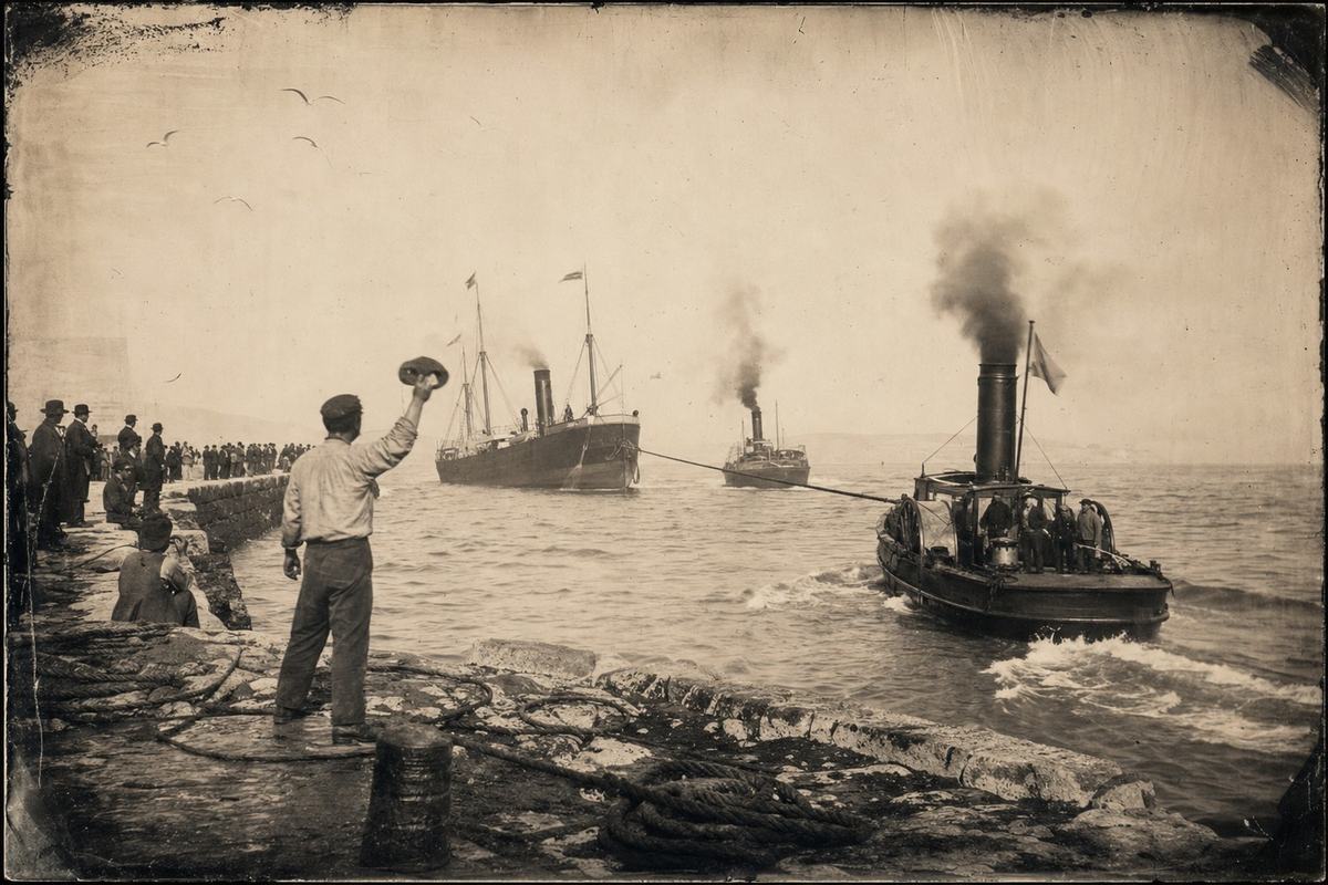 Archival photograph, albumen print from wet-plate collodion negative, Marseille Jetée, 1861: three-quarter view along the seawall as a small side-wheel tug strains a taut towline, leading two compact steamers loaded low in the water; foreground stevedore mid-gesture, waving a cap, with rope coils and tar stains underfoot; crowd clusters loose along the jetty stones, uneven horizon; 150mm rapid rectilinear lens, slight motion blur in smoke and flags, collodion edge vignetting and streaking, bright sky with uneven emulsion; natural light, gulls above, sea spray; one dominant subject is the tug with the towline; distinct faces and postures among onlookers; no visible lettering or signage.