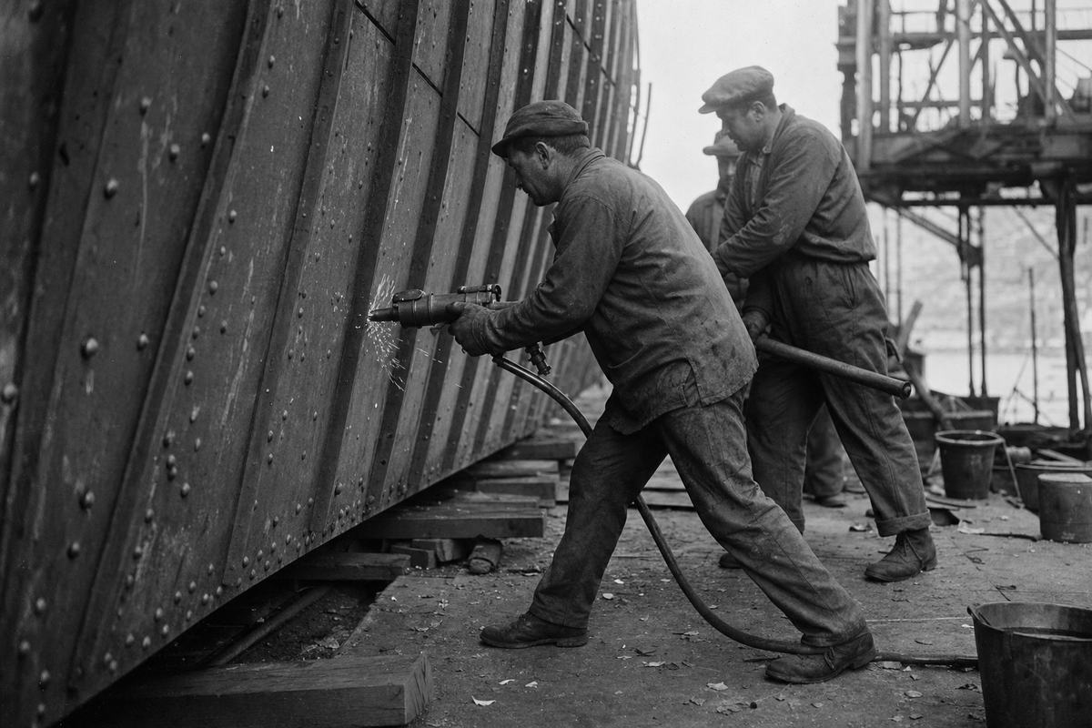 Silver gelatin industrial photograph, Sestri Ponente shipyard, circa 1930: low angle along a ribbed hull section as a single riveter in overalls braces mid-stride with a pneumatic hammer; sparks faint in daylight, assistants partially seen in background holding a dolly bar; 50mm lens on a medium-format camera, moderate depth of field isolating the riveter, fine-to-medium grain with rich midtones; scuffed planks, grease marks, coiled air hose, rivet buckets; one dominant subject (the riveter), distinct faces and builds for workers in frame; overcast light, no visible lettering or signage.