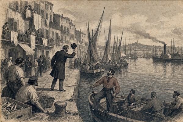 19th-century wood engraving, Marseille Old Port, 1860: asymmetric balcony vantage looking down toward a stone quay as a single Redshirt officer steps from a low launch and grips a dock line; a Marseille lawyer in a dark frock coat doffs his hat on the quay; mixed crowd on balconies with laundry and worn shutters, boatmen and fish crates on the quay edge; lateen-rigged boats and a side-wheel tug with light smoke in the basin; fine cross-hatched linework, visible plate marks, slight ink spread and paper foxing on laid paper; natural daylight, no modern elements, no lettering or signage; one dominant gesture (the doffed hat), distinct faces of varied ages and builds; composed like a period journal illustration from a workshop in Marseille or Paris, angled viewpoint, imperfect perspective consistent with hand-engraved blocks.