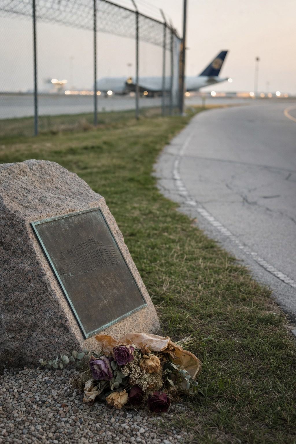 Weathered bronze memorial plaque near a service road at O’Hare, browned flowers at its base and a taxiing aircraft blurred beyond.