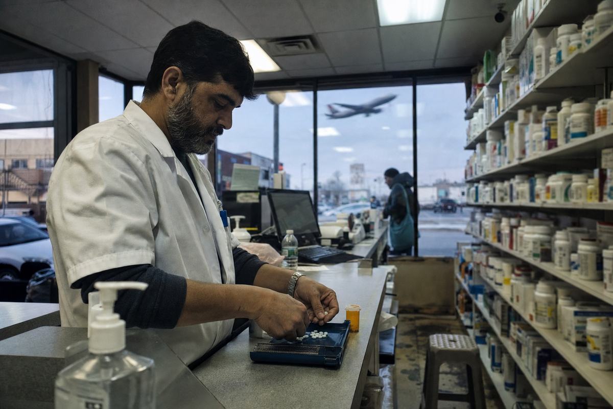 Inside a Schiller Park pharmacy, a pharmacist counts pills at the counter while a low jet passes outside the front window.