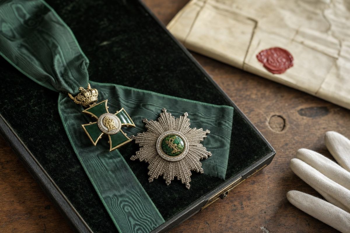 Order of Aughrim sash and silver star on green velvet beside a sealed vellum warrant and cotton gloves.