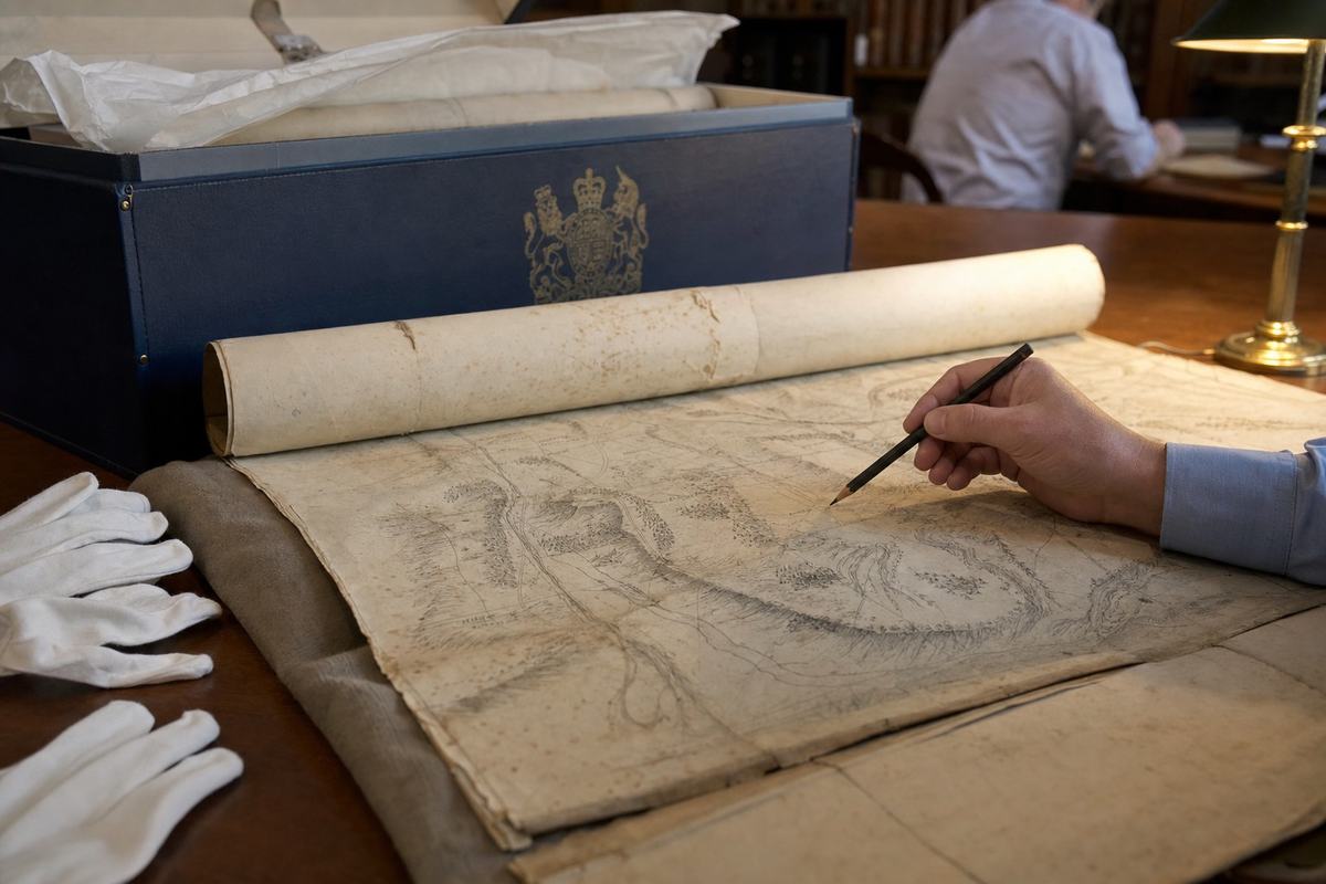 Tabletop in an archive: annotated 18th‑century map unrolled with a hand and pencil poised above it, gloves and an open archive box nearby.