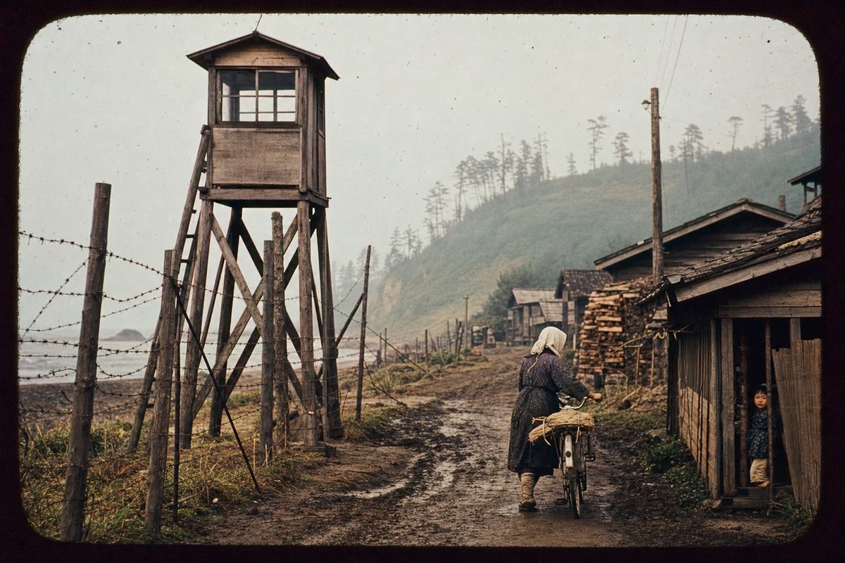 1956 Kodachrome color slide of a wooden watchtower and barbed-wire fencing along the Ishikari–Sōya Demarcation Zone, tower placed on the left third of frame; a muddy track runs past a small hamlet with low eaves, stacked firewood, and a woman in a headscarf pushing a bicycle while a child watches from a doorway; damp coastal haze softens distant treeline; 35mm camera with a 50mm lens, warm Kodachrome saturation with slight red bias, subtle vignetting in corners, dust specks on the slide mount; asymmetric, candid composition, no visible signs or lettering anywhere.