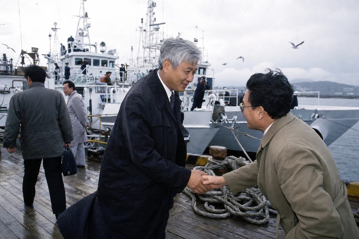 1989 press photograph on Fujicolor 400 capturing a handshake at the Wakkanai Maritime Checkpoint during the fisheries accord; two negotiators meet on a wind-swept pier, one slightly taller with gray hair, the other leaning in, coats fluttering; coastguard cutters moored behind with crew moving about decks; gulls wheel low, coiled ropes and wet planks in foreground; overcast light with a hint of sea mist; shot on an 85mm lens, mild grain, on-camera flash used as fill creating soft specular highlights on faces; candid off-axis angle from the right; no visible hull numbers, signage, or lettering.