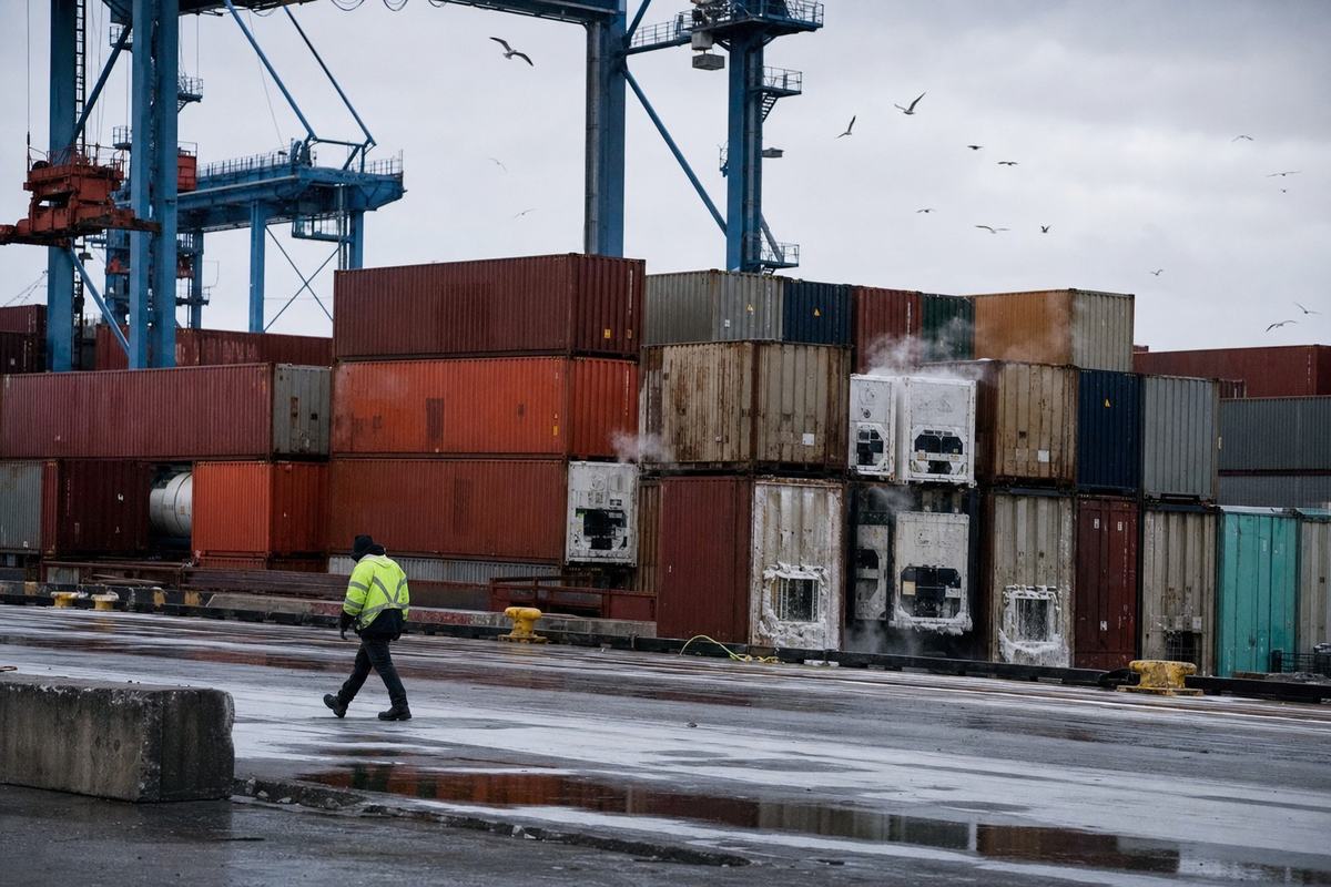 Section 62 du port de Montréal : grues à l’arrêt, piles de conteneurs, bouches de reefers givrées sous un ciel gris.