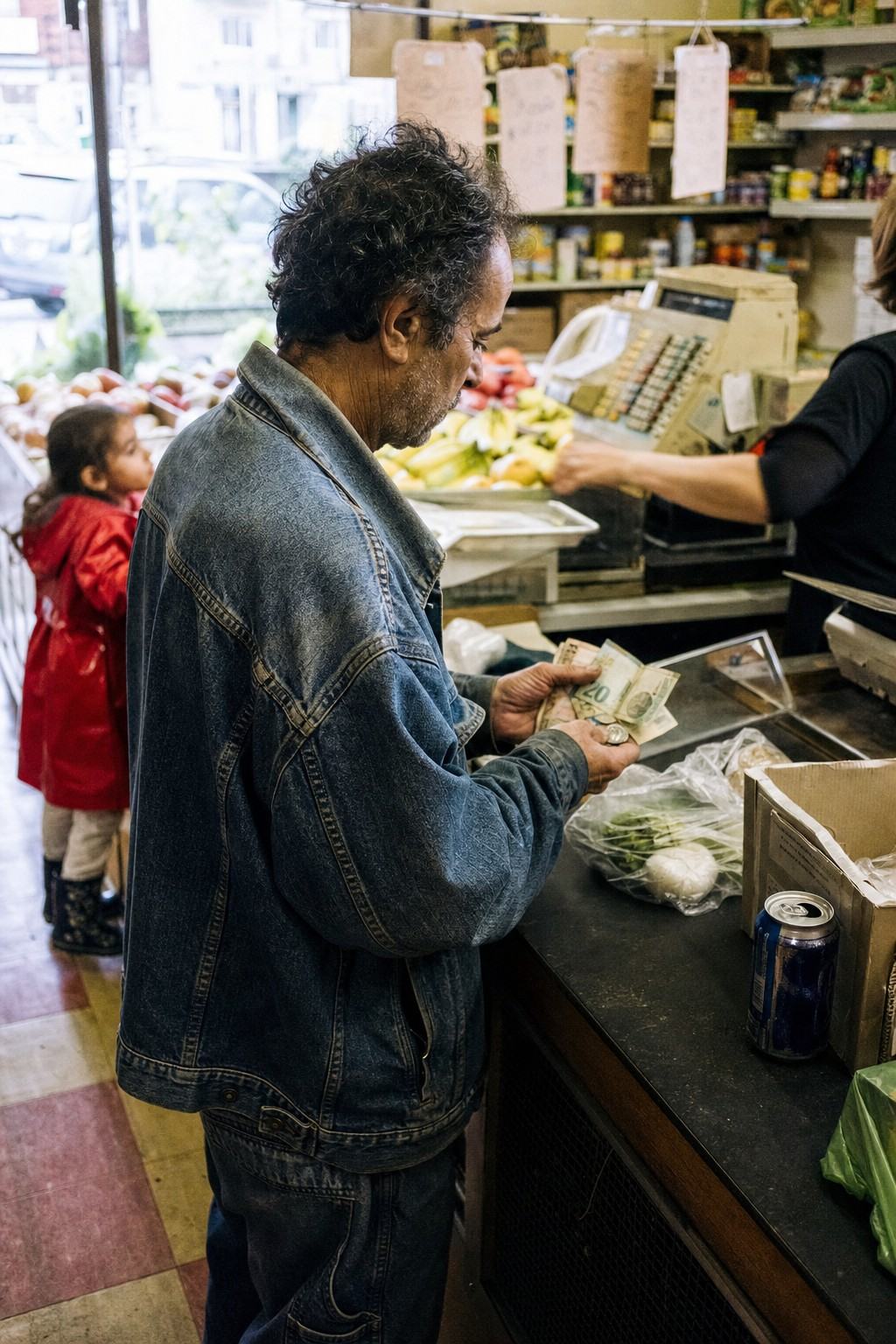 Dans une épicerie d’Hochelaga, une cliente compte des billets froissés à la caisse tandis que des pancartes manuscrites floues annoncent des limites.