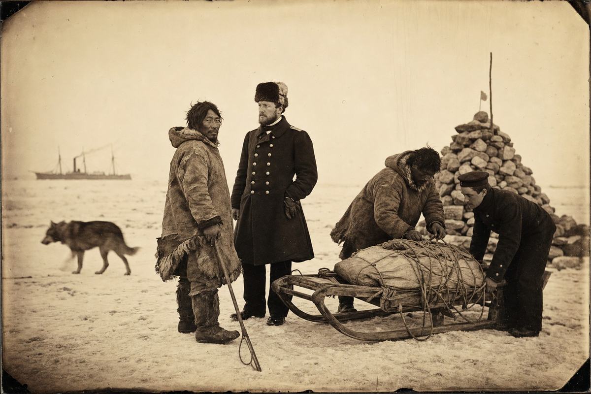 c. 1860s albumen print from a wet plate collodion negative taken on fast ice near a signal cairn; large‑format field camera with a ~210mm lens; slight edge vignetting and emulsion streaks, warm sepia tone; an Inuk sledge master in caribou‑skin parka stands three‑quarter to camera holding a goad, beside a Royal Navy lieutenant in wool greatcoat and fur hat; a second Inuk, older and broader, checks lashings on a laden sledge while a younger naval rating steadies the runners; figures distinct in age, build, posture, and faces; a low stone signal cairn rises to the right, with a small pennant stick; a sled dog wanders mid‑ground, slightly blurred by long exposure; distant masts and smoke of a ship faint on the horizon; snow scuffed with boot and paw prints; no text or lettering visible anywhere.