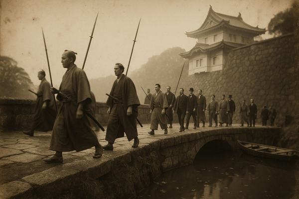 Historical photograph, 1868 albumen print from a wet-plate collodion glass negative; asymmetrical composition from a low vantage at moat edge with a 180mm Petzval lens on a wooden field camera; envoys and retainers cross a stone bridge toward Edo Castle on a misty morning, samurai in kimono and haori with spears at rest, a small cluster of Western-dressed mediators in dark frock coats among them; castle wall and a watchtower rise at right background, reflective water with ripples and drifting leaves in the foreground; subtle motion blur in sleeves and footsteps from long exposure, edge vignetting and slight emulsion streaks, albumen paper sheen and uneven tonality; damp stones, moss on parapet, a tethered wooden skiff under the bank; natural postures and distinct faces, no signage or lettering anywhere.