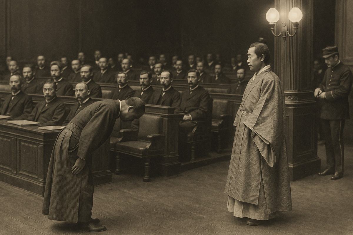 Historical photograph, late 1890s silver gelatin print from a dry plate negative; interior of the National Diet chamber in Tokyo during the inaugural joint opening, shot three-quarters from the aisle with a 210mm lens on a tripod; off-center moment of a Tokugawa envoy in formal kamishimo bowing slightly while an imperial court emissary in layered robes watches from across the aisle; benches behind filled with distinct delegates in varied Western and Japanese dress, folios closed on laps to avoid any visible text; gaslight fixtures glow overhead, tonal range deep with soft highlights, moderate grain and slight halation around lamps; incidental details include scuffed floorboards and a guard adjusting his glove near a column; selenium-toned print with light edge wear, no lettering present.