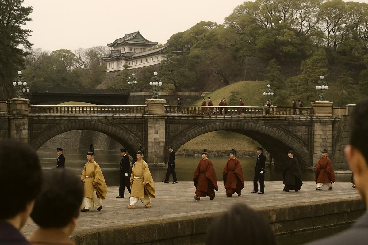Historical photograph, 1968 Kodachrome 64 color reversal film; off-center composition from the palace forecourt looking toward Nijūbashi with a 50mm Nikkor lens; the Imperial household’s procession and the Tokugawa Regent’s entourage cross the bridge in ceremonial regalia, their lines staggered; foreground spectators out of focus at frame edge, uniformed attendants visible at the parapet; warm saturation with slight magenta cast, fine grain, gentle lens flare near the water, overcast light keeping colors restrained; stonework shows damp patches, trees just leafing; no banners or visible text anywhere.