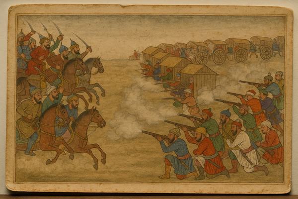 Archival reproduction photograph of a mid-16th-century North Indian Persianate court miniature depicting the Battle of Panipat: Afghan cavalry surging from the left, a staggered wagon-laager forming a defensive line in the midground, and kneeling matchlock arquebusiers firing in controlled volleys amid dust and smoke on a flat plain. Shot slightly off-axis to the left to avoid symmetry, under neutral museum lighting; gouache on burnished paper with visible brushwork, minor craquelure, and pigment aging at the edges; faint mount shadow and paper texture apparent; no labels or text visible; captured with a copy stand and a macro lens (around 90 mm), shallow angle revealing page deckle and uneven edges.