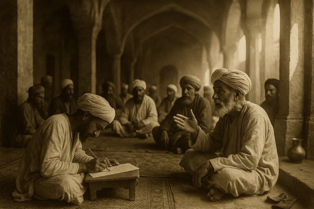 Albumen print from a wet-plate collodion negative, circa 1860, candid interior view of a confederal council hall in Delhi: Afghan and Rajput notables seated on carpets under a high, columned arcade, side-light streaming from clerestory openings. A scribe leans forward with a reed pen at a low desk, a turbaned elder gestures mid-sentence; slight hand motion blur from long exposure, shallow depth of field, corner vignetting. Paper cockling and glossy albumen sheen present; warm sepia tonality; taken with a wooden field camera and approximately 12-inch lens from a low oblique angle; incidental details include sandals near a step, dust motes in light, and a brass lota by a pillar; no signage or text visible.