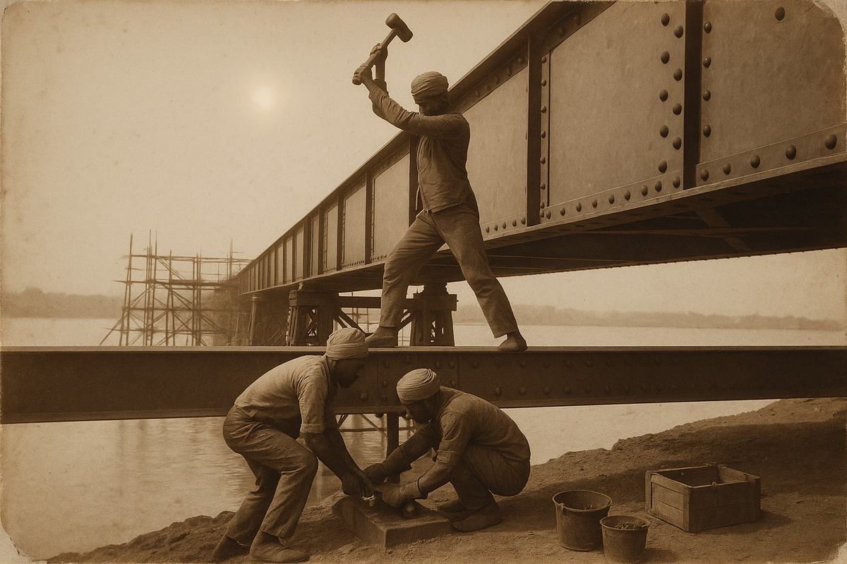 Albumen print from wet-plate collodion negative, circa 1868, construction scene of a Hindustan Trunk Lines bridge over the Yamuna at Allahabad: a riveter stands on a girder with hammer raised while two assistants brace a hot rivet; bamboo scaffolding and temporary timber trestles in the shallows, tool crates and rivet buckets at lower right. Shot from riverbank at a low diagonal to avoid centered symmetry; warm sepia tone, paper edge fraying and slight plate edge mark visible; mild lens flare from late afternoon sun; no signage or lettering visible.