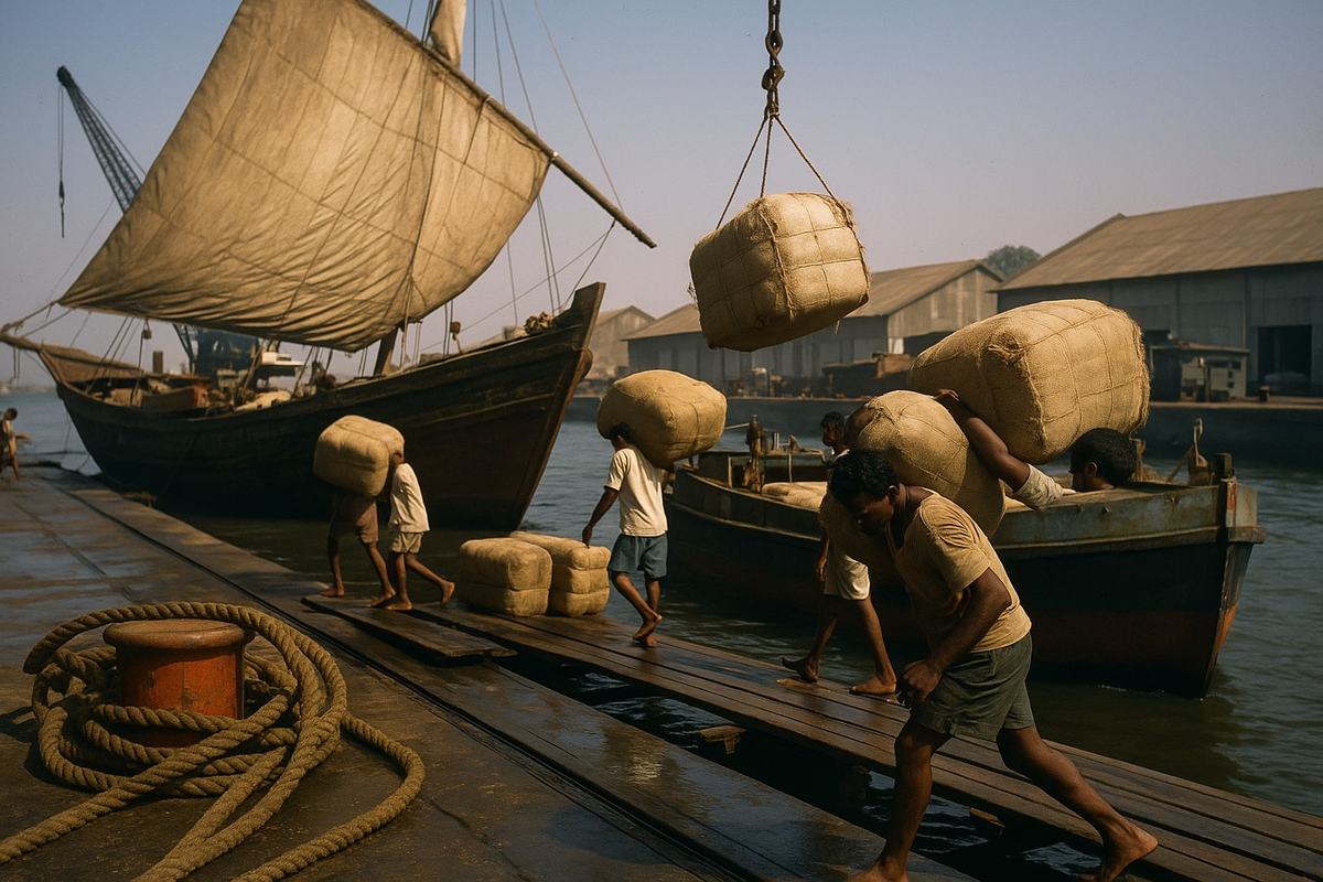 1950s color slide, Kodachrome 64, Leica M3 with 35 mm lens, oblique dockside view at Surat harbor: a lateen-rigged dhow with stitched sails sits bow-out while a small coastal cargo vessel unloads cotton bales by crane; barefoot dockworkers haul jute-wrapped bales across damp planks, ropes coiled on rusted bollards, oily water reflecting cranes. Warm saturation with rich reds and deep blues, slight cyan in shadows; midday haze over corrugated warehouses; off-center framing with foreground ropes leading the eye; no legible signage anywhere.