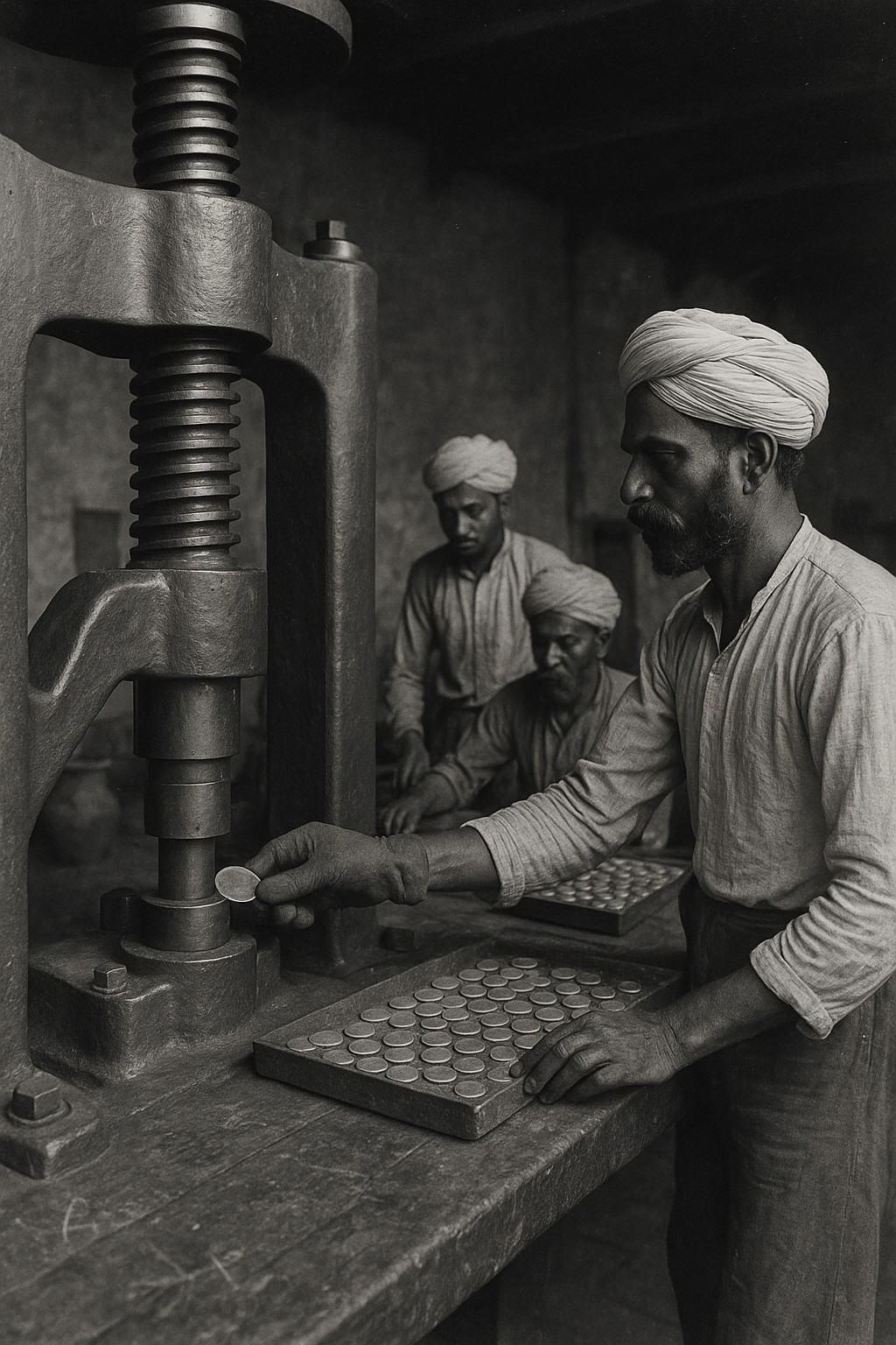 Silver gelatin print, circa 1895, interior of the Delhi mint workshop: a tall screw press dominates frame left while two workers in turbans tend trays of silver planchets on a scarred wooden table; the dominant action is a gloved hand feeding a planchet into the press throat. Oblique composition from shoulder-height, moderate grain, uneven exposure with falloff toward rafters darkened by lamp soot; 8x10 view camera with a standard lens; incidental background detail includes a brazier, a water jar, and chalk scuffs on the stone floor; no visible text or signage.