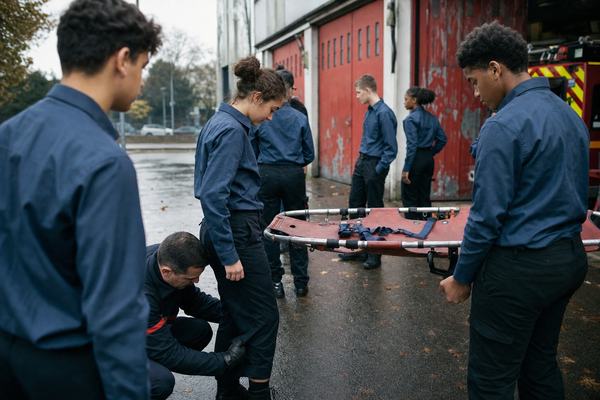 Digital press photograph taken in 2025 outside a suburban French fire station in Saint-Denis: teenagers from a public youth corps train alongside firefighters. The youths wear matching slate-blue shirts and a mix of dark civilian trousers (navy chinos, black jeans), strictly no visible logos. One firefighter instructor crouches to check a hem while another teen steadies a training stretcher; distinct faces, varied builds and postures, candid expressions. Background shows red fire station doors with chipped paint, wet pavement, scattered autumn leaves, and a fire engine partially visible; no readable signage anywhere. Morning winter light with faint breath vapor. Shot on a full-frame DSLR at 35mm, f/2.8, 1/500s, ISO 800; natural colors, moderate depth of field, slight motion blur on hands, fine high-ISO noise. Asymmetric, off-center framing, nothing posed. No text or watermarks.