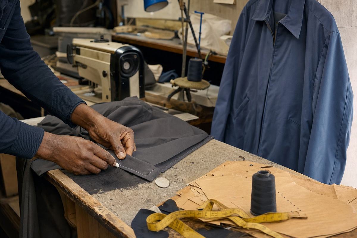 Plan de travail d’un atelier de tailleur à Saint‑Denis, ourlet d’un pantalon sombre et nouvelle veste allégée du CPN à côté.