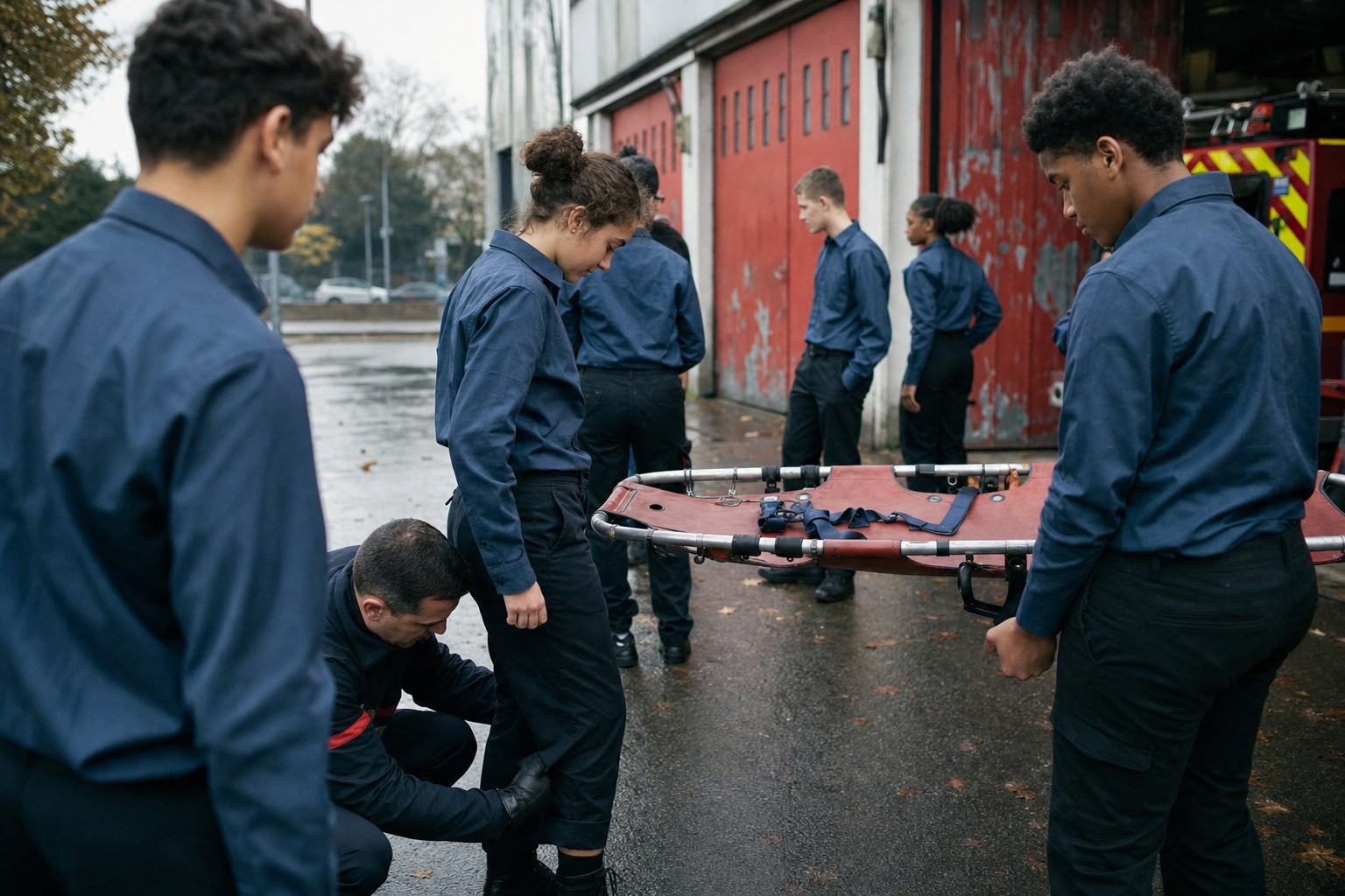 Digital press photograph taken in 2025 outside a suburban French fire station in Saint-Denis: teenagers from a public youth corps train alongside firefighters. The youths wear matching slate-blue shirts and a mix of dark civilian trousers (navy chinos, black jeans), strictly no visible logos. One firefighter instructor crouches to check a hem while another teen steadies a training stretcher; distinct faces, varied builds and postures, candid expressions. Background shows red fire station doors with chipped paint, wet pavement, scattered autumn leaves, and a fire engine partially visible; no readable signage anywhere. Morning winter light with faint breath vapor. Shot on a full-frame DSLR at 35mm, f/2.8, 1/500s, ISO 800; natural colors, moderate depth of field, slight motion blur on hands, fine high-ISO noise. Asymmetric, off-center framing, nothing posed. No text or watermarks.