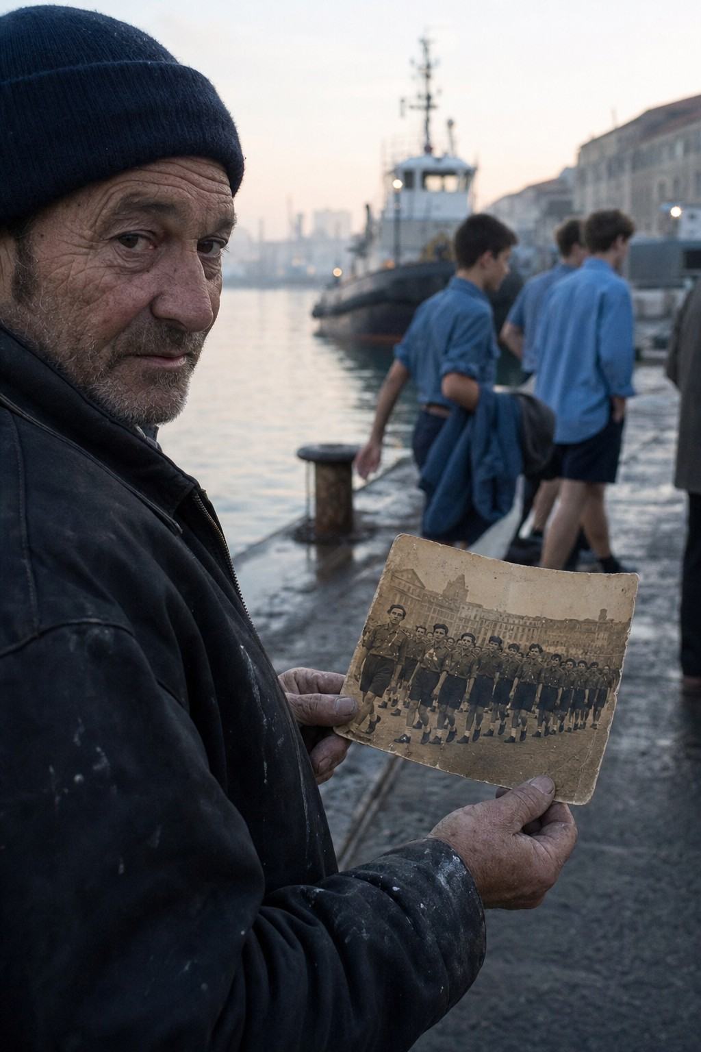 Docker au Bassin de Radoub à Marseille tenant une vieille photo sépia d’un défilé de Pupilles; en arrière‑plan, des jeunes en tenue allégée.