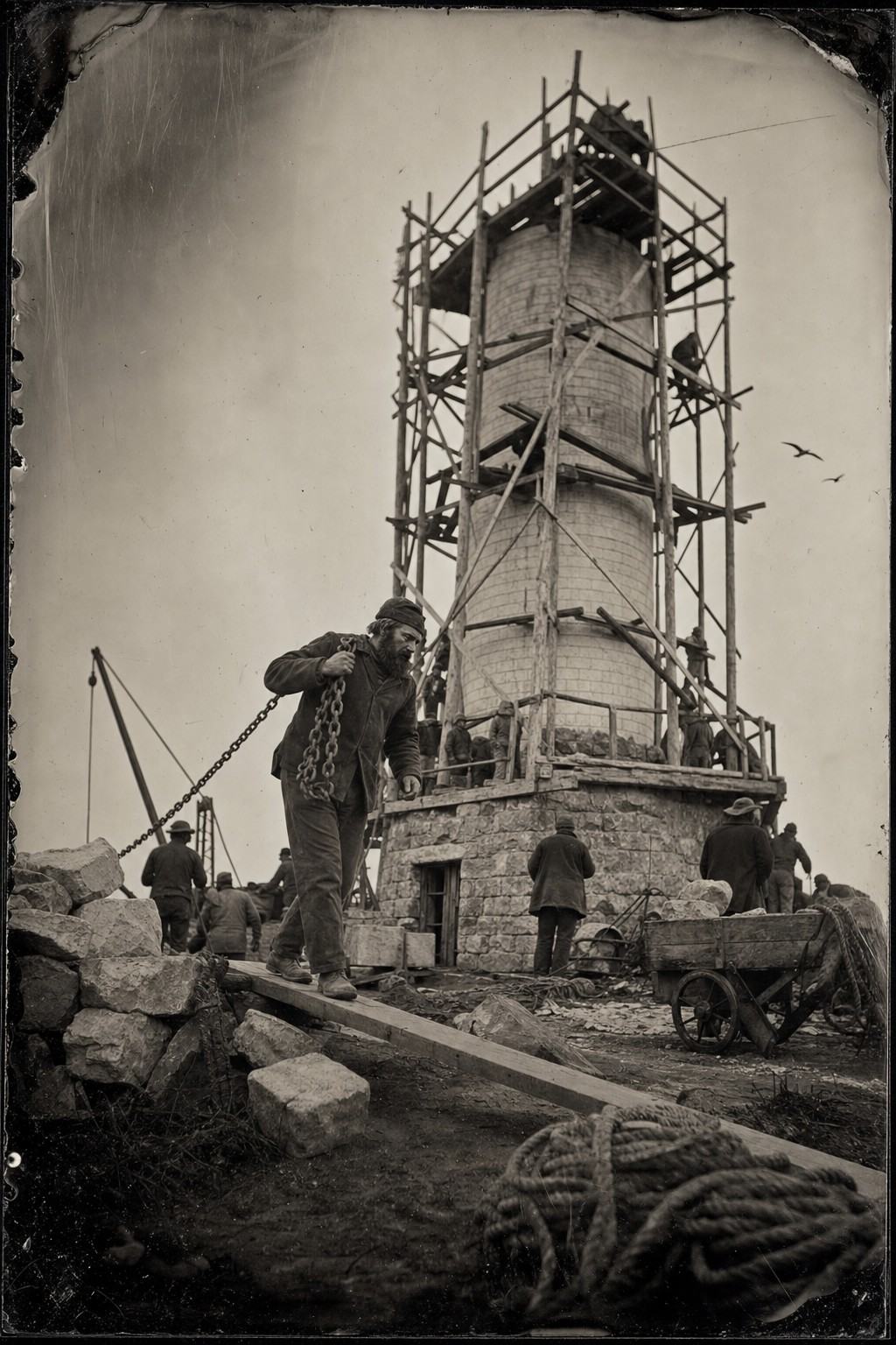 Albumen print of Osmussaar lighthouse under construction in the 1860s, with a mason hauling a chain on scaffolding.