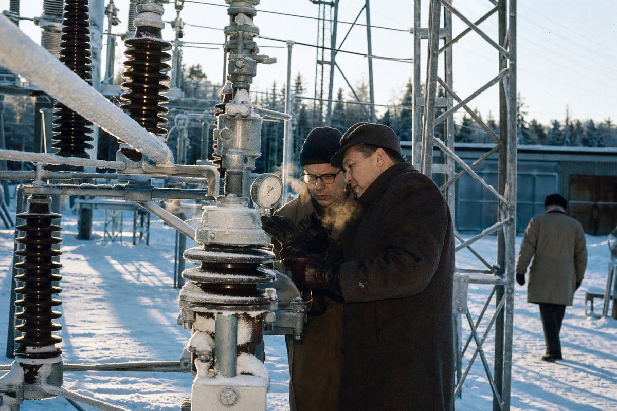 Kodachrome photograph of a frosty Åland substation in 1958 with engineers inspecting porcelain insulators tied to the new interconnector.