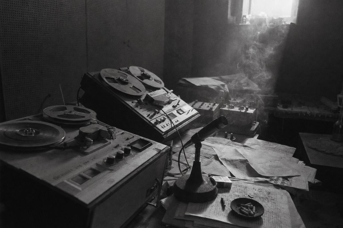 Black-and-white photograph of a confiscated clandestine radio studio from 1974 Lisbon, focusing on dust-covered open reel decks, an empty microphone, and cigarette smoke caught in a narrow beam of light. The setting shows an abandoned desk, strewn papers, and unkempt cables. Soft focus and light film grain convey a sense of urgency and secrecy typical of underground broadcasting scenes.