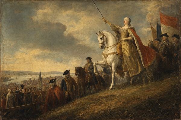 18th-century oil painting on canvas, c. 1742, Central European court workshop influenced by Martin van Meytens, depicting Maria Theresa on horseback atop the Pressburg coronation hill raising the sword of St. Stephen; off-center composition with the queen placed upper right, slanting hillside in foreground with trampled grass and scattered straw, Hungarian nobles on foot and mounted at mid-ground, townspeople clustered near a wooden barrier, distant glint of the Danube and tiled rooftops; tight, controlled brushwork on fabrics and faces, broader strokes in sky and ground; aged varnish with warm yellow cast, fine craquelure visible across the sky, slight abrasion at canvas edges; flags show color fields only, no lettering; vantage point slightly below and to the left for an upward angle to the gesture; period palette and proportions consistent with 1740s court portraiture.