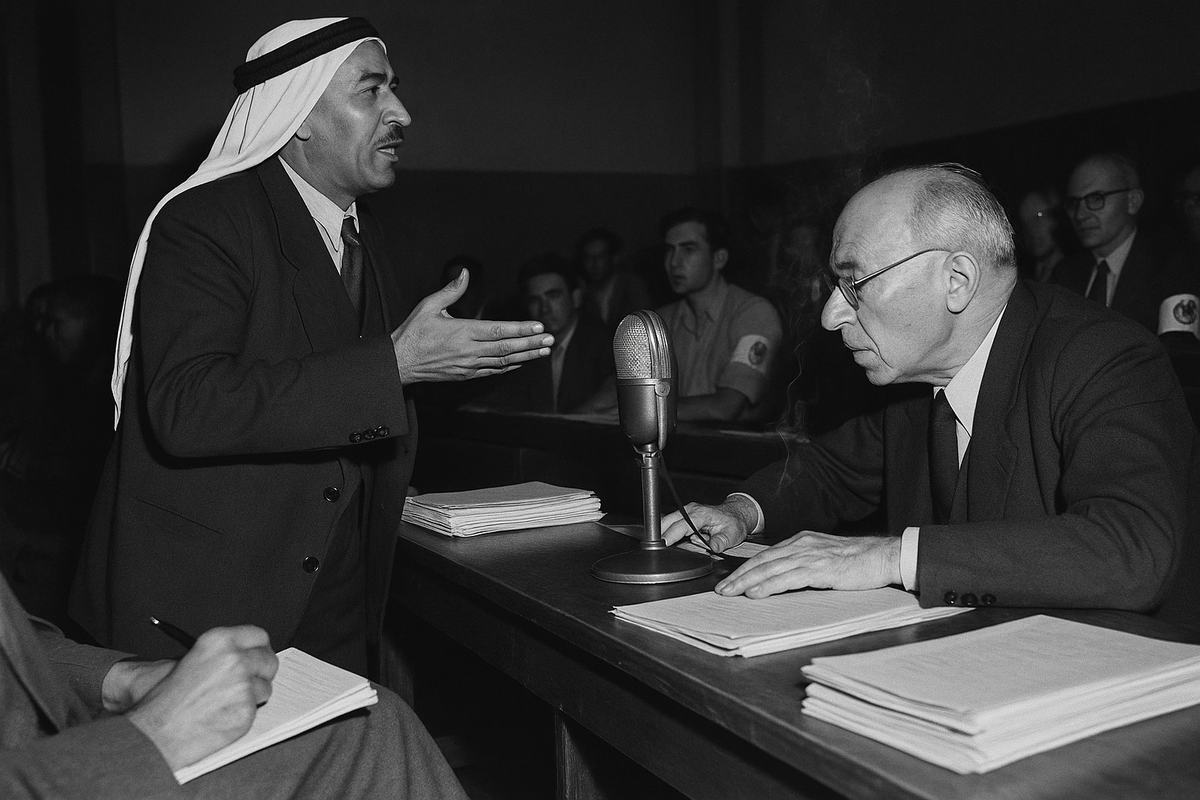 Archival 1951 black-and-white press photograph, interior of Jaffa municipal hall during the inaugural session of the Federal Council of Palestine. Oblique, off-center view from the side aisle: a middle-aged Arab delegate rises to speak with one hand open, while across the long table an older Hebrew delegate leans toward a shared microphone; UN observers with plain light armbands sit in the rear. Shot on a Speed Graphic 4x5 with flashbulb; glossy silver gelatin print, hard flash highlights on paper stacks, deep shadows under the benches, visible grain in midtones, slight motion blur on moving hands, a wisp of cigarette smoke. Foreground includes the edge of a reporter’s notebook and a fountain pen; asymmetric framing; no legible text anywhere.