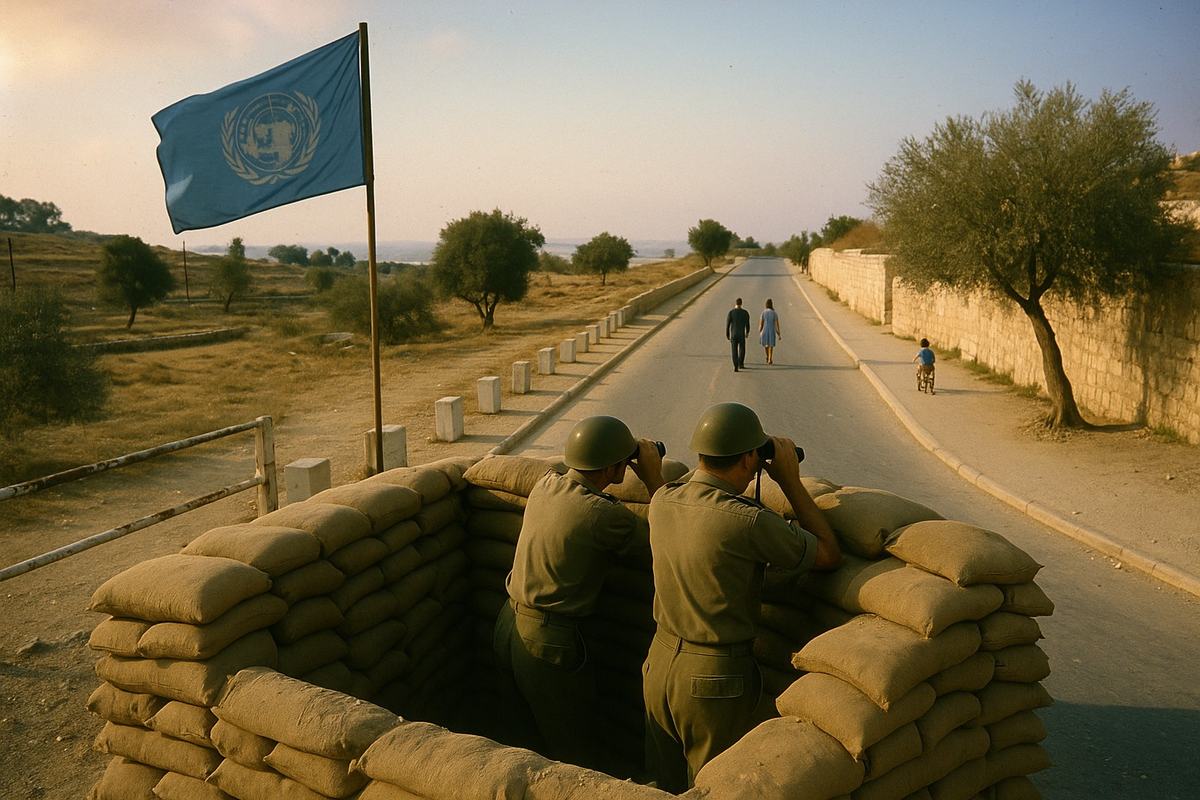 Kodachrome 64 color slide, circa 1965, showing a low UN observation post and demilitarized corridor in the International Zone of Jerusalem. Asymmetric composition from a slight rise: sandbagged position with a blue flag lifting in a light breeze, two observers with binoculars at the parapet; white-painted boundary stones leading into the middle distance; civilians strolling along a paved lane, a child on a small bicycle near the edge of frame. Captured with a Nikon F and 28mm lens; fine Kodachrome grain, saturated blues, slight warm cast from afternoon light, mild lens flare at the top left. Incidental details: chipped guardrail, dusty olive tree, faded road paint, scattered pebbles. No text anywhere.