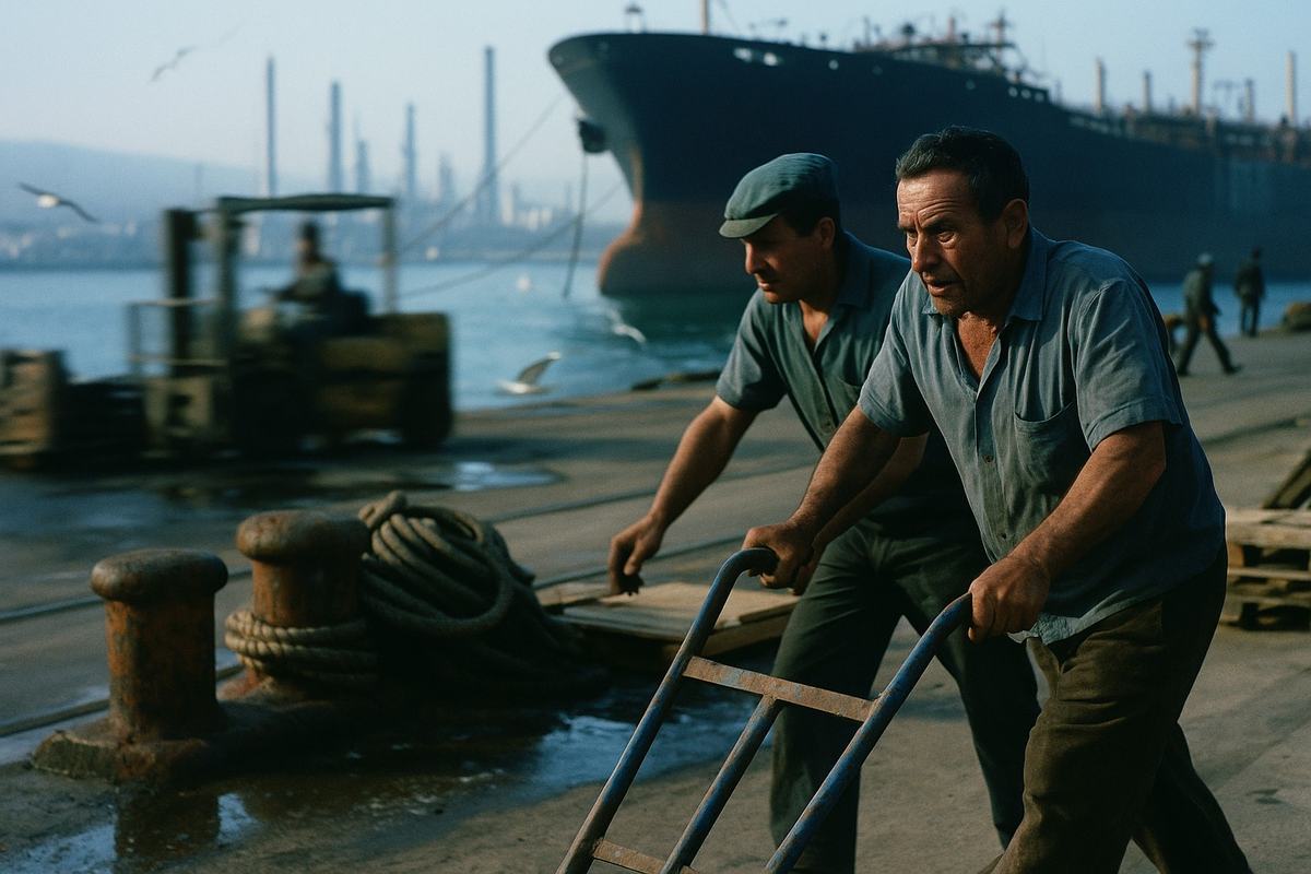 Early 1970s color photograph on Ektachrome 100 film of the port of Haifa. Asymmetric view from a loading ramp: two dockworkers in worn work shirts push a hand truck past coiled hoses and bollards; in the hazy background, the dark hull of a tanker and refinery stacks soften in afternoon heat shimmer. Shot with a Nikon F2 and 85mm lens; slight cyan cast typical of Ektachrome, moderate grain, motion blur on a passing forklift, sun-glint on oil-slicked puddles, gulls crossing the frame. Incidental details: rust on bollards, frayed mooring ropes, scattered wooden pallets. No text anywhere.