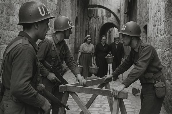 Archival 1948 black-and-white silver gelatin photograph on fiber paper of a United Nations peacekeeping patrol in Jerusalem’s Old City. Asymmetric candid composition from shoulder height down a narrow limestone alley; three soldiers with hastily painted blue helmets and mixed postwar web gear manage a light sawhorse checkpoint while civilians pass calmly (two women carrying baskets, an elderly man with a cane). Captured with a Leica IIIc and 50mm Summitar on Kodak Super-XX film; soft morning light bouncing off stone, realistic film grain, slight motion blur on a turning head, edge vignetting, faint dust and scratches from the negative. Incidental background detail: pitted stone walls, a dangling laundry line, a metal water can near a doorway, a stray cat slipping behind a crate. No text anywhere.