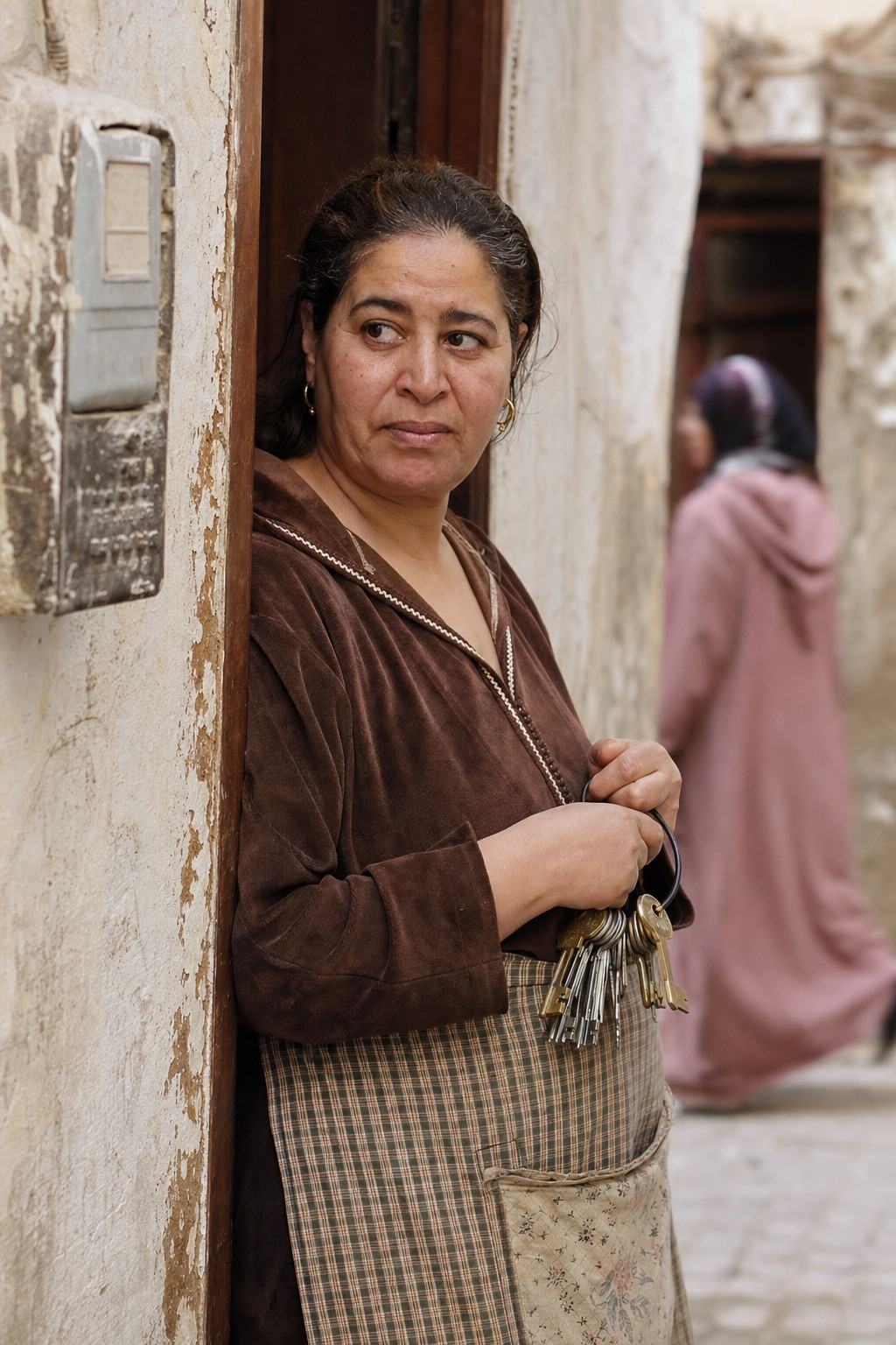 Une logeuse d’Anfa sur le pas de sa porte, trousseau de clés à la main, mur à l’enduit usé en arrière‑plan.