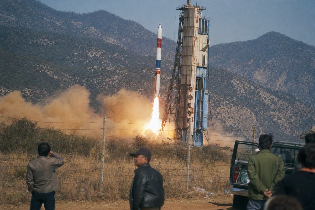 Mid-1980s launch of a cooperative RB-adapted launch vehicle at a mountainous inland pad, 35mm color film photograph (Kodak Ektachrome 100), strong heat shimmer, medium contrast; telephoto 200mm lens from a public viewing area behind a low fence; asymmetric framing with the service tower to the right showing rust streaks and peeling paint, foreground scrub grass and a few indistinct onlookers partly cut off at frame edge; rocket with red-and-blue paint bands but no logos or text, plume bright orange-white kicking up dust; a pickup truck with open tailgate partially visible, discarded plastic bottles near the fence; no readable signage anywhere.