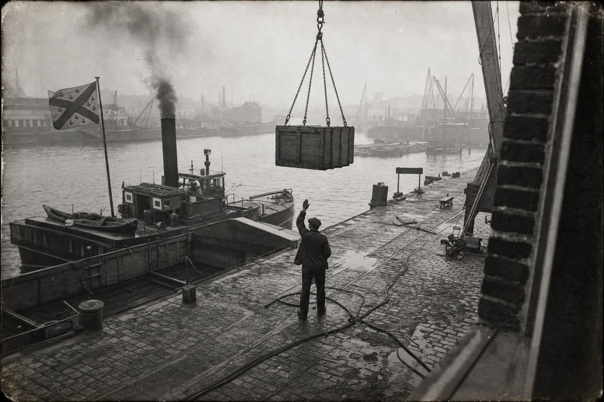 Late 19th-century harbor scene, photographed on a glass dry plate negative and printed as a silver gelatin fiber print (c. 1890); moderate grain, rich midtones, slight edge silvering and gentle vignetting; vantage from an upper warehouse window using a wooden field camera with a 180mm lens; dominant subject: a single dockworker in a flat cap signaling with an upraised hand to guide a crate swinging from a steam crane; wet cobblestones, mooring ropes snaking across the quay, a low river barge idling with light smoke from a funnel; a Burgundian-Lotharingian flag with a saltire pattern fluttering on a mast (no text or ship names visible); overcast morning haze softening distant cranes; candid, asymmetric composition with incidental clutter and puddles.