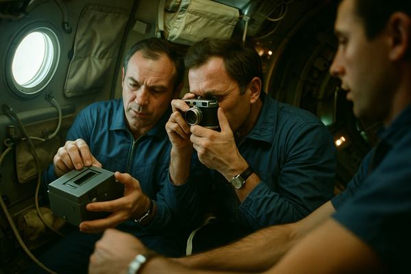 Archival 35mm color photograph on Soviet Svema 64 color negative film, shot inside Salyut 1 in mid-1971 by a crew member using a compact rangefinder with a 35mm lens at f/2.8. Asymmetric, candid composition: two cosmonauts in lightweight blue flight suits float shoulder-to-shoulder operating a spectrophotometer and a handheld film camera; a third crewman’s profile and forearm enter from the right edge, tethered by a restraint strap. Soft mixed light from a round porthole and instrument panel glow; handrails, canvas storage bags, Velcro straps, and coiled cabling drift in the cramped cylindrical module. Mild motion blur on hands, fine grain, slight greenish cast, edge vignetting from the lens. No visible text or labels anywhere.