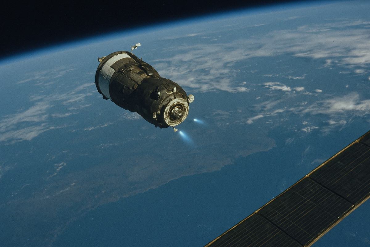 Archival color photograph on Kodak Ektachrome 200, shot from Mir during the final approach of a Progress cargo in the late 1980s using an 85mm lens. Asymmetric composition: the barrel-shaped Progress drifts in from the upper left with small thruster plumes, Mir’s solar panel edge enters from the lower right, and the curved Earth with patchy clouds fills the backdrop. Motion blur on the plumes, moderate grain, slight blue chromatic shift, faint window smudges and tiny ice crystals at the periphery. No visible text or markings.