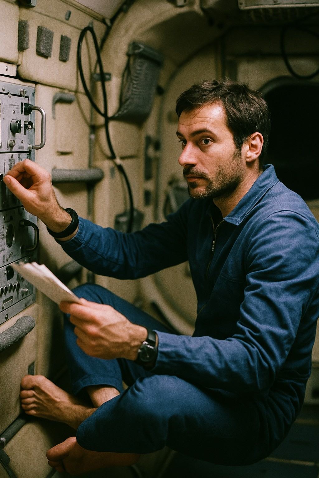 Archival 35mm color photograph on Fujicolor 400H, taken inside Mir’s small European CEM-1 module in the late 1980s with a 50mm lens at f/2. Asymmetric, candid portrait: a European astronaut in his late 30s, short dark hair and light beard, floats cross-legged while tightening a knob on an instrument rack and glancing toward a handheld checklist. Soft overhead light; scuffed panel edges, foam-padded handholds, Velcro patches, a mesh stowage pouch and a loose cable loop in the background. Shallow depth of field, fine grain, slight magenta cast. No visible text or labels.
