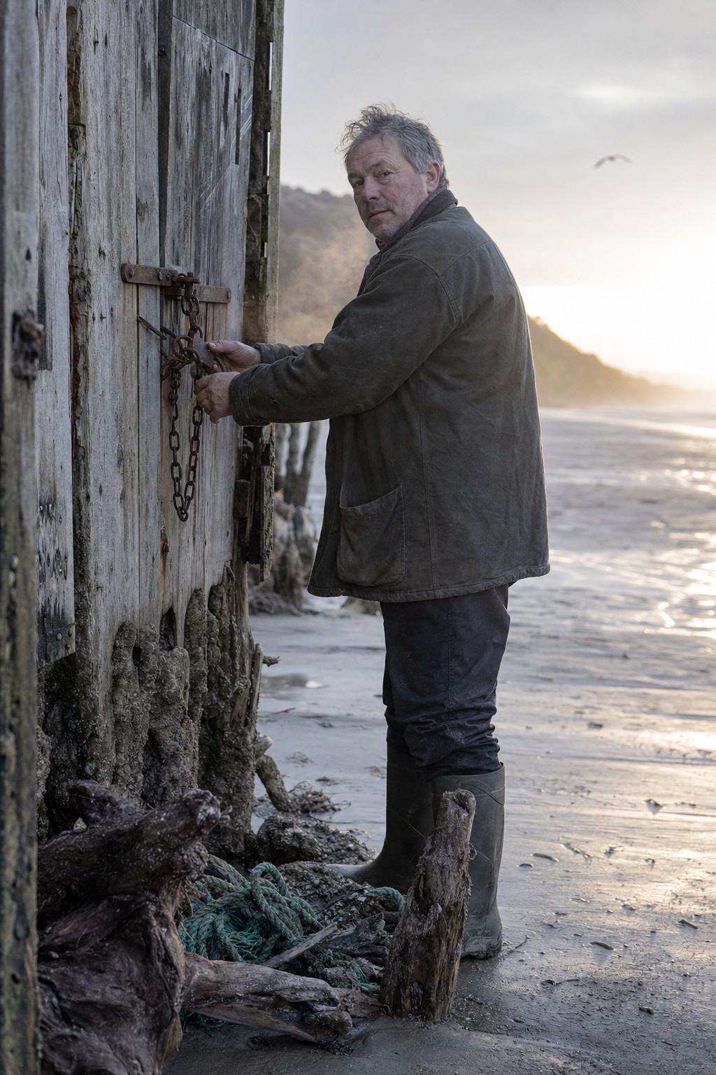 Volunteer custodian by the old timing hut at dawn in sea mist