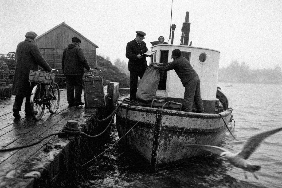 A CPT mailboat unloading sacks at a misty pier as a postman checks a ledger.