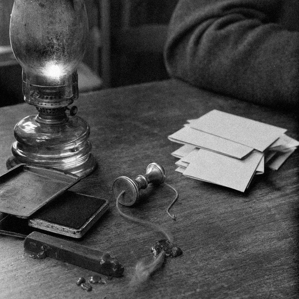 Parish hall table with a brass seal, inkpad, sealing wax, and ballot envelopes under lamp light.