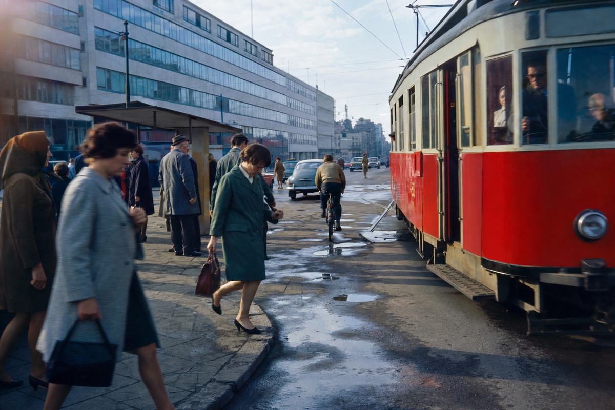 Rebuilt Śródmieście, Warsaw, with tram and modernist buildings in the late 1960s