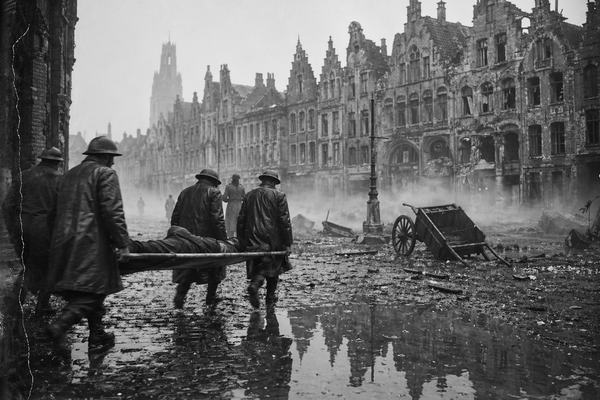 A museum-quality black-and-white photographic print made in the 1980s from an original 1915 silver-gelatin dry plate negative, depicting Ypres’s Grand-Place at dawn after a chlorine gas attack. Stretcher-bearers in oilskin coats carry a limp casualty across wet cobblestones while a pale vapour lingers at knee height between shell-damaged facades. A toppled handcart and shattered window glass sit in the midground; puddles reflect gables. Candid, oblique composition with the bearers entering from the left foreground. Shot on a large-format field camera with a 150mm lens; fine glass-plate detail with slight edge vignetting, a faint emulsion scratch along the border, and subtle motion blur in the swinging stretcher. No visible text or lettering anywhere; period-accurate clothing and equipment; realistic archival tonal range.