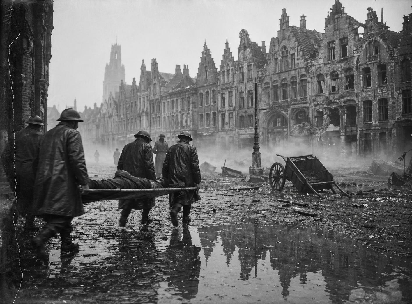 A museum-quality black-and-white photographic print made in the 1980s from an original 1915 silver-gelatin dry plate negative, depicting Ypres’s Grand-Place at dawn after a chlorine gas attack. Stretcher-bearers in oilskin coats carry a limp casualty across wet cobblestones while a pale vapour lingers at knee height between shell-damaged facades. A toppled handcart and shattered window glass sit in the midground; puddles reflect gables. Candid, oblique composition with the bearers entering from the left foreground. Shot on a large-format field camera with a 150mm lens; fine glass-plate detail with slight edge vignetting, a faint emulsion scratch along the border, and subtle motion blur in the swinging stretcher. No visible text or lettering anywhere; period-accurate clothing and equipment; realistic archival tonal range.