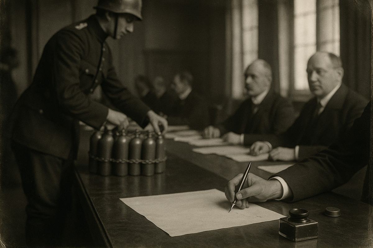 Archival interior photograph on silver-gelatin paper from a 1917 dry plate negative, oblique view down a conference table where delegates in dark suits sign the Strasbourg Gas Convention. Dominant subject: a right hand poised with a dip pen above parchment beside an inkwell and sealing wax; midground shows a uniformed attendant adjusting a chained stack of metal gas cylinders. Tall windows throw soft, uneven light with fall-off into shadow; faces are distinct but not posing to camera. Tripod-mounted camera with a 210mm lens; long exposure yields faint hand motion while background remains crisp. Plate edge shows corner wear and a light leak flare. No banners, seals, or documents with legible lettering; no visible text anywhere.