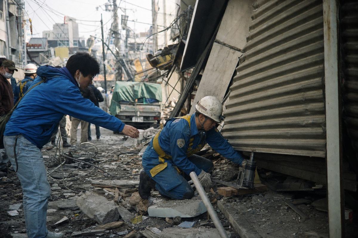 Color photograph on Fujicolor Superia 400 film, taken January 1995 in Kobe during the Great Hanshin-Awaji earthquake response. 35mm SLR with a 35mm lens, slight green cast typical of Superia, visible grain in shadow areas, mild motion blur. Asymmetric, candid composition: center foreground shows a Civic Guard engineer in a scuffed helmet kneeling to steady a jack beneath a buckled storefront shutter; to the left, a civilian volunteer in a blue windbreaker hands him a paper cup. Background: a narrow street clogged with rubble, tangled rebar, tilted signboards with no readable text, draped electrical wires, and a small tarp-covered truck. Dust haze and slanting winter light between buildings. Natural wear, mud, and debris visible.