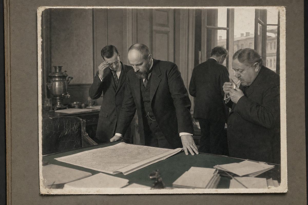 Candid silver gelatin print (circa 1910) inside a paneled office at the Council of Ministers: Pyotr Stolypin in a dark suit leans over a map on a green baize table, right hand braced on the edge; to his left a younger, narrow-shouldered minister adjusts wire-rim spectacles, to his right an older, heavyset colleague shields a match to light a cigarette. Shot from a doorway with a 150mm lens on a 9x12 cm plate camera; shallow depth of field isolates Stolypin’s hand and the map’s edge; soft window light with slight halation along the sash; visible paper fibers and edge frilling on the print. Environmental details: cracked leather armchair, a samovar on the sideboard, open window letting in street dust; loose documents turned face-down so no text is visible; no signage or lettering.