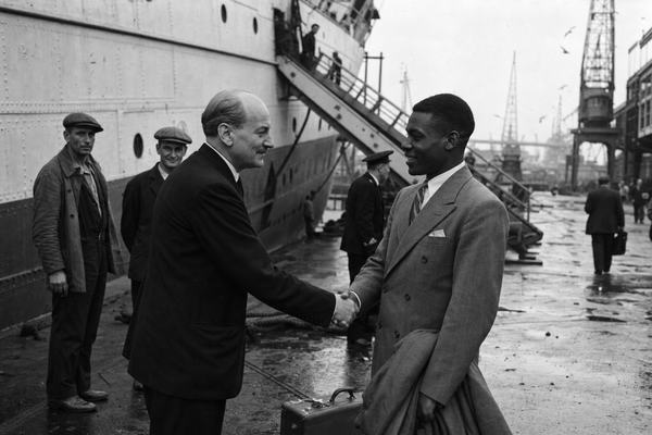 Archival silver-gelatin press photograph scanned for contemporary publication; June 1948 at Tilbury Docks. Prime Minister Clement Attlee in a dark suit extends his right hand to a young Caribbean man in Sunday best on the quayside; dominant action is the handshake. HMT Empire Windrush hull with rivets and scuffed paint looms to frame left, gangway angled into the scene; dock cranes, coiled hawsers, gulls, and damp concrete with puddles and scattered rope fibers in background. A few dockers in flat caps look on from midground; one small suitcase with frayed handle sits near the men. Shot on a Rolleiflex Automat TLR with 80mm lens, Ilford HP3 400 film; moderate grain, slight motion blur in hands, gentle falloff at edges, uneven exposure from overcast glare off water. Asymmetric, candid composition; no legible text anywhere; natural skin texture and varied ages/builds among figures.