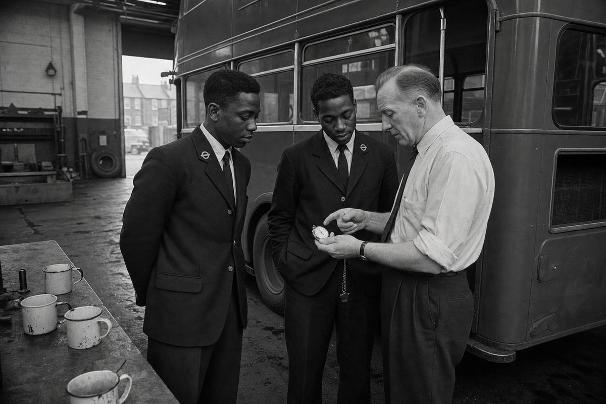 Archival silver-gelatin photograph inside a south London bus depot, mid-1950s. Two London Transport recruits from the Caribbean in dark uniforms stand beside a red double-decker with destination blinds turned away (no legible text); an older white British instructor in shirtsleeves points to a pocket watch during a briefing. Oily concrete floor with chalk scuffs, enamel mugs on a wooden bench, tool rack and spare tyre in background; daylight slants through a high roller door. Shot on a Rolleiflex TLR, 80mm lens, Ilford FP3 125 film; crisp midtones, fine grain, slight lens vignetting. Asymmetric, candid framing focused on the instructor’s gesture; natural posture, distinct faces and builds; ambient depot clutter visible.