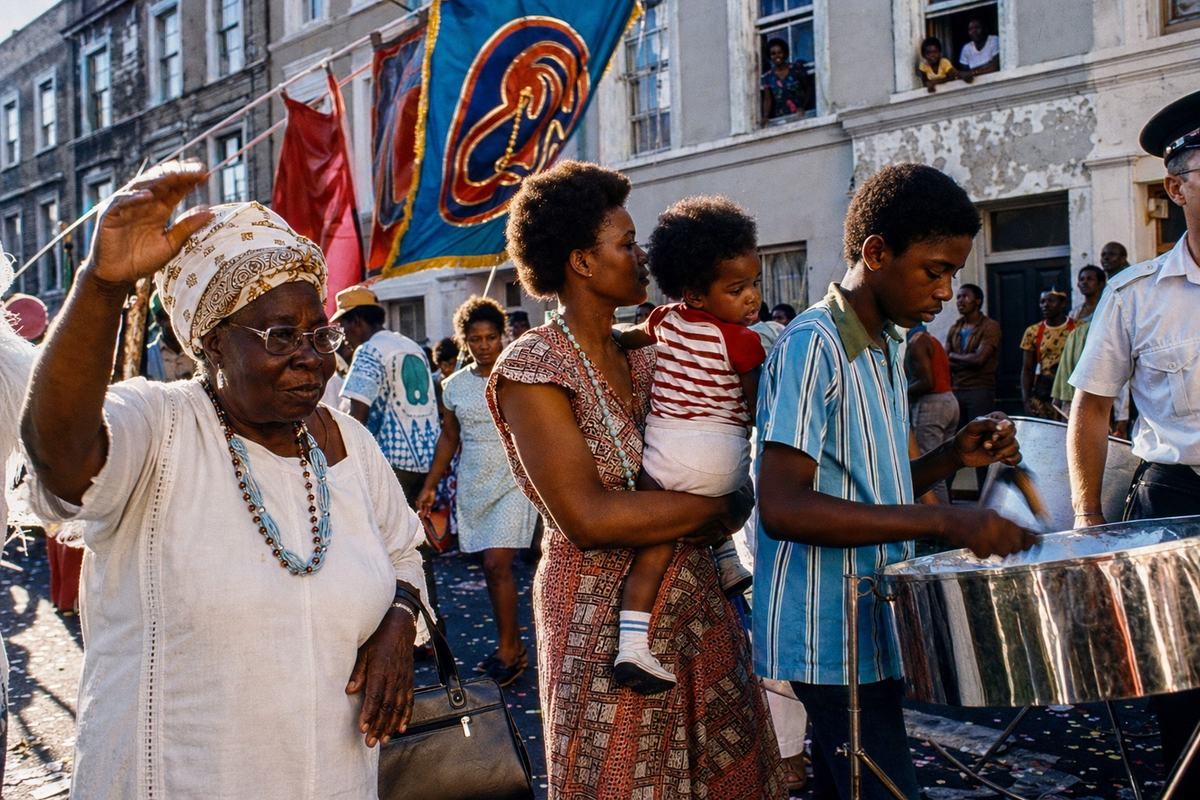 Archival color street photograph from Notting Hill Carnival, late 1970s. A multi-generational family—grandmother in headwrap, mother with a toddler on hip, teenage boy playing steel pan—passes in front of terraced houses with peeling paint; brightly painted cloth banners with abstract emblems wave above (no legible text). Confetti on the tarmac, a uniformed steward half-visible at edge, spectators lean from sash windows; warm afternoon sun creates slight flare and deep shadows. Shot on Kodachrome 64 with a Nikon F2 and 50mm lens; saturated hues, fine grain, rich reds and blues, slight motion blur in the pan sticks. Asymmetric, candid composition anchored by the grandmother’s raised hand.